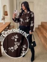 Elorivane Plus Size Brown Floral Embroidered Shirt, Elegant Versatile Top for Office Brunch Evening, Autumn Casual Wear - Image 8