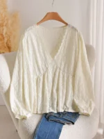 Elorivane Plus Jacquard Top, Apricot Lace Trim Fall Blouse - Image 2