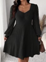 Elorivane Plus Size Sweetheart Neck Dress, Ruched Ribbed Long Sleeve Casual Dress, Fall Wear - Image 6