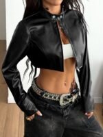 Elorivane Women Plus Size Black PU Cropped Jacket, Long Sleeve Y2K Vintage Streetwear Fall Coat