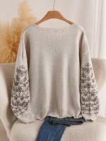 Elorivane Plus Floral Bow Decor Curve Hem Pullover Sweater, White Fall Top - Image 6