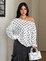 Elorivane Women Plus Size Grey Wash Sweatshirt, Asymmetrical Shoulder Grommet Long Sleeve Y2K Fall Winter Top - Image 29