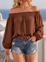 Elorivane Plus Size Loose Ruffle Off-Shoulder Smocked Lantern Sleeve Blouse for Spring Autumn Daily Versatile Wear - Image 8