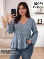 Elorivane Blue White Embroidered Blouse, Long Sleeve Cute Boho Shirt, Autumn Daily Vacation Top - Image 4
