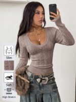 Elorivane Women Brown Vintage Sweater, Preppy Y2K Old Money Casual Fall Winter Pullover - Image 23