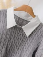 Elorivane Plus Size Brown Cable Knit Sweater, 90s Korean Lace Patchwork Pullover, Autumn Office Casual Top - Image 5