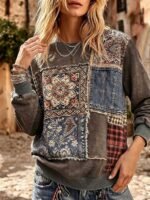 Elorivane Plus Size Women Vintage Boho Floral Plaid Patchwork Crewneck Sweatshirt, Fall Casual Loose Top - Image 3