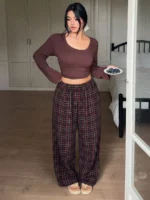 Elorivane Plus Size Plaid Pajama Pants, Elastic Waist Loose Casual Trousers - Image 35