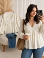 Elorivane Plus Jacquard Top, Apricot Lace Trim Fall Blouse - Image 5