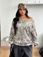 Elorivane Women Plus Size Grey Wash Sweatshirt, Asymmetrical Shoulder Grommet Long Sleeve Y2K Fall Winter Top - Image 12