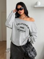 Elorivane Women Plus Size Grey Wash Sweatshirt, Asymmetrical Shoulder Grommet Long Sleeve Y2K Fall Winter Top - Image 21