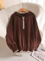 Elorivane Plus Size Brown Colorblock Sweater, Zip-Up French Soft Knit Pullover, Commuter Vacation Autumn Top - Image 6