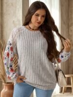 Elorivane Plus Size Floral Print Lace Patchwork Sweatshirt for Autumn Winter Brunch Vacation - Image 4