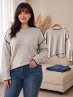 Elorivane Plus Size Apricot Sweater, Cross-Stitch Drop Shoulder Loose Pullover, Minimalist Autumn Winter Casual Top - Image 4