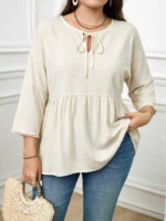 Elorivane Plus Size Navy Blue 90s Vintage Floral Print Peplum Shirt Boho Vacation Top for Summer Casual Wear - Image 11