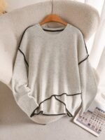 Elorivane Plus Size Apricot Sweater, Cross-Stitch Drop Shoulder Loose Pullover, Minimalist Autumn Winter Casual Top - Image 7