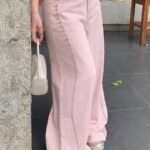 Elorivane Plus Size Pink Denim Jeans, Mid-Waist Pearl Patchwork Loose Wide Leg Casual Fall Pants