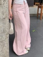 Elorivane Plus Size Pink Denim Jeans, Mid-Waist Pearl Patchwork Loose Wide Leg Casual Fall Pants