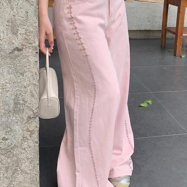 Elorivane Plus Size Pink Denim Jeans, Mid-Waist Pearl Patchwork Loose Wide Leg Casual Fall Pants