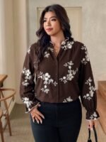 Elorivane Plus Size Brown Floral Embroidered Shirt, Elegant Versatile Top for Office Brunch Evening, Autumn Casual Wear - Image 5