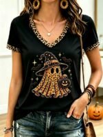 Elorivane Plus Size Halloween Leopard Print Pumpkin Bow Graphic Short Sleeve T-Shirt - Image 7