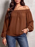 Elorivane Plus Size Loose Ruffle Off-Shoulder Smocked Lantern Sleeve Blouse for Spring Autumn Daily Versatile Wear - Image 5