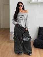 Elorivane Women Plus Size Grey Wash Sweatshirt, Asymmetrical Shoulder Grommet Long Sleeve Y2K Fall Winter Top - Image 19