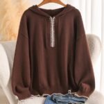 Elorivane Plus Size Brown Colorblock Sweater, Zip-Up French Soft Knit Pullover, Commuter Vacation Autumn Top