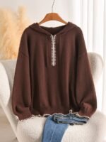 Elorivane Plus Size Brown Colorblock Sweater, Zip-Up French Soft Knit Pullover, Commuter Vacation Autumn Top
