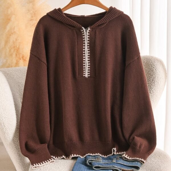 Elorivane Plus Size Brown Colorblock Sweater, Zip-Up French Soft Knit Pullover, Commuter Vacation Autumn Top