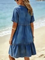 Elorivane Plus Size Women Blue Printed V-Neck Short Sleeve Loose Midi Dress, Summer Daily Casual Outfit - Image 7
