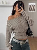 Elorivane Women Green Striped Asymmetrical Shoulder Top, Stretchy Long Sleeve Y2K Streetwear Tee - Image 23