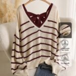 Elorivane Plus Size Striped Sweater, V-Neck Long Sleeve Pullover with Bow Back, Autumn Winter Casual Top