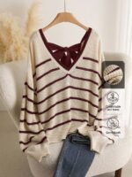 Elorivane Plus Size Striped Sweater, V-Neck Long Sleeve Pullover with Bow Back, Autumn Winter Casual Top