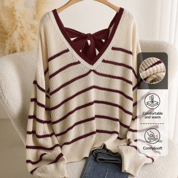 Elorivane Plus Size Striped Sweater, V-Neck Long Sleeve Pullover with Bow Back, Autumn Winter Casual Top