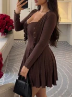 Elorivane Plus Size Brown 2-Piece Set, Wrap Spaghetti Strap Mini Dress & Cardigan, Casual Spring Summer Autumn Outfit