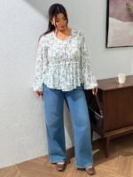 Elorivane Plus Size Ditsy Floral Blouse, Round Neck Frill Trim Long Sleeve Shirt, Fall Winter Daily Going Out Top - Image 3
