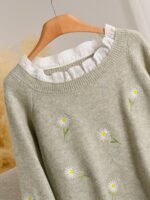 Elorivane Plus Size Knit Sweater, Daisy Ruffle Patchwork French Style, Embroidered Trim Versatile Autumn Winter Pullover Top - Image 5