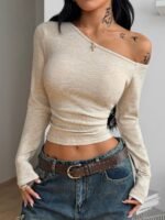 Elorivane Women Vintage Leopard Knit Top, Asymmetrical Neck Grommet Long Sleeve Stretchy Spring Summer Streetwear - Image 33