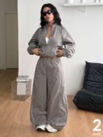Elorivane Women White 2-Piece Outfit, Reflective Lapel Coat & Parachute Cargo Pants, Streetwear Athleisure Set - Image 41