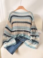 Elorivane Plus Size Blue White Striped Sweater, Hollow Out Boat Neck Cropped Long Sleeve, Fall Winter Loose Top - Image 9