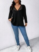 Elorivane Plus Size Mesh Patchwork V-Neck Long Sleeve T-Shirt Elegant Minimalist for Fall Commute Casual Wear - Image 9