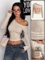 Elorivane Women Vintage Leopard Knit Top, Asymmetrical Neck Grommet Long Sleeve Stretchy Spring Summer Streetwear - Image 34