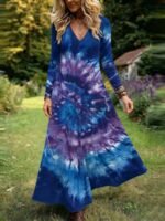 Elorivane Plus Size Women Boho Floral Geometric V-Neck Maxi Dress, Fall Casual Loose Long Sleeve Dress - Image 8