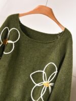 Elorivane Plus Size Green Sweater, 3D Floral Embroidered Knit Pullover, Cute French Style Autumn Winter Date Top - Image 3