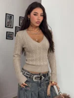 Elorivane Women Brown Vintage Sweater, Preppy Y2K Old Money Casual Fall Winter Pullover - Image 10