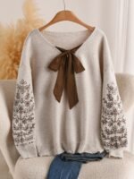 Elorivane Plus Floral Bow Decor Curve Hem Pullover Sweater, White Fall Top