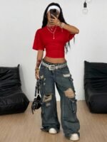 Elorivane Women Dark Grey Ruched Crop Tee, Loose Stretchy Y2K Grunge Summer Streetwear Top - Image 35