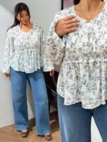Elorivane Plus Size Ditsy Floral Blouse, Round Neck Frill Trim Long Sleeve Shirt, Fall Winter Daily Going Out Top - Image 5