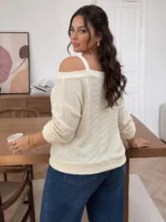 Elorivane Plus Size Open Shoulder Solid Top, Long Sleeve Casual Blouse, Fall Winter Office Daily Going Out Wear - Image 6